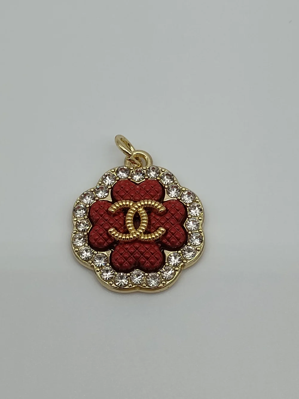 CHANEL Camellia Zipper Pull Charm Red Quilted Gold Rhinestone Accent Modern Era